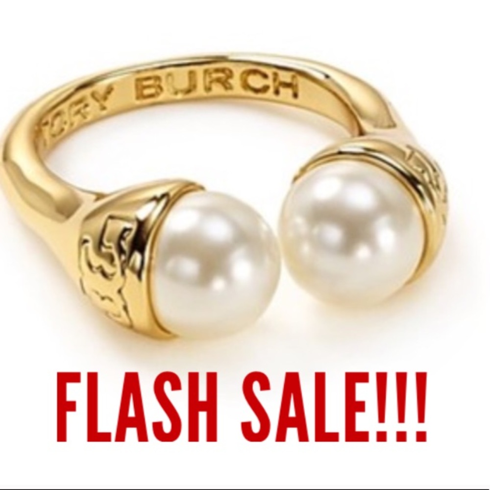 New Tory Burch Double Swarovski Crystal Pearl Ring